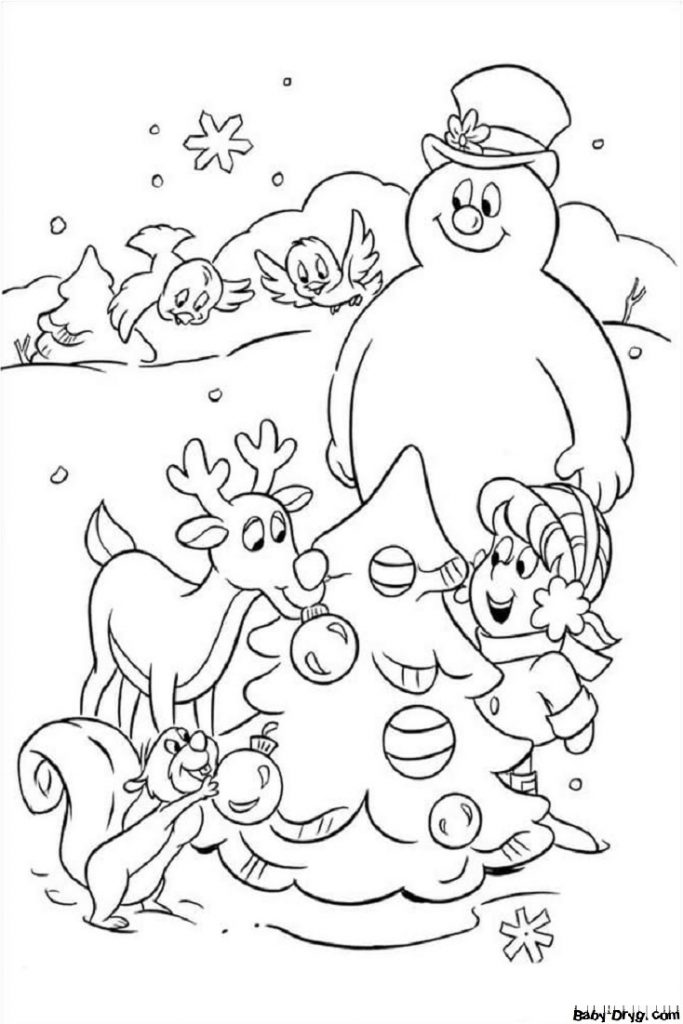 Раскраска Девочка, зверюшки и снеговик наряжают елку | Новогодние раскраски распечатать