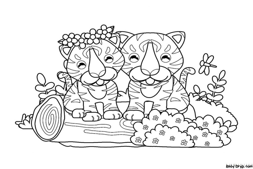 Раскраска Два милых тигренка | Новогодние раскраски распечатать