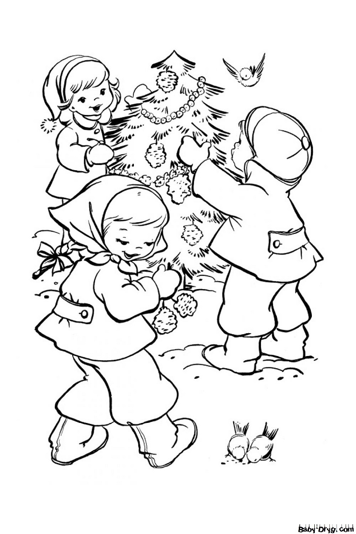 Раскраска Две девочки и мальчик украшают елку | Новогодние раскраски распечатать