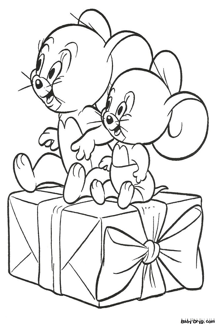Раскраска Джерри и Таффи сидят на подарке | Новогодние раскраски распечатать