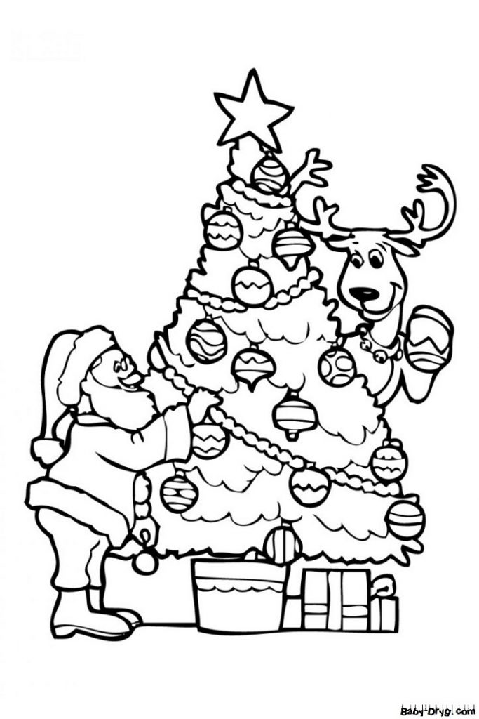 Раскраска Олень и сани Санта-Клауса
