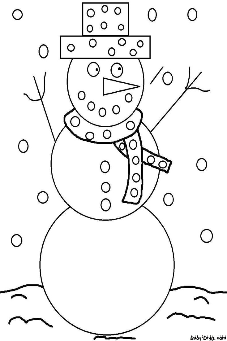 Раскраска Фигура из снега в шарфе и перевернутом ведре на голове | Новогодние раскраски распечатать