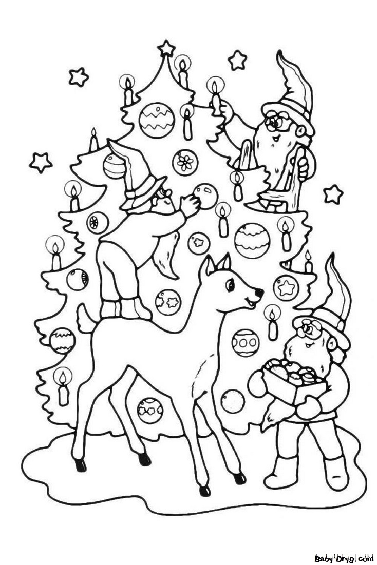 Раскраска Гномы украшают елку шарами и свечками | Новогодние раскраски распечатать