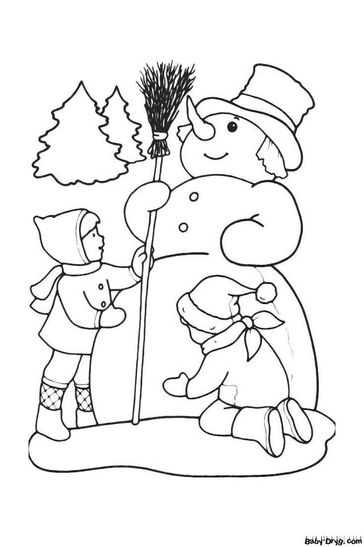 Раскраска Гордый Снеговик получил в подарок метелку | Новогодние раскраски распечатать