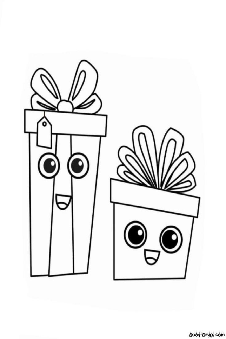 Раскраска Кавай подарки с глазками | Новогодние раскраски распечатать