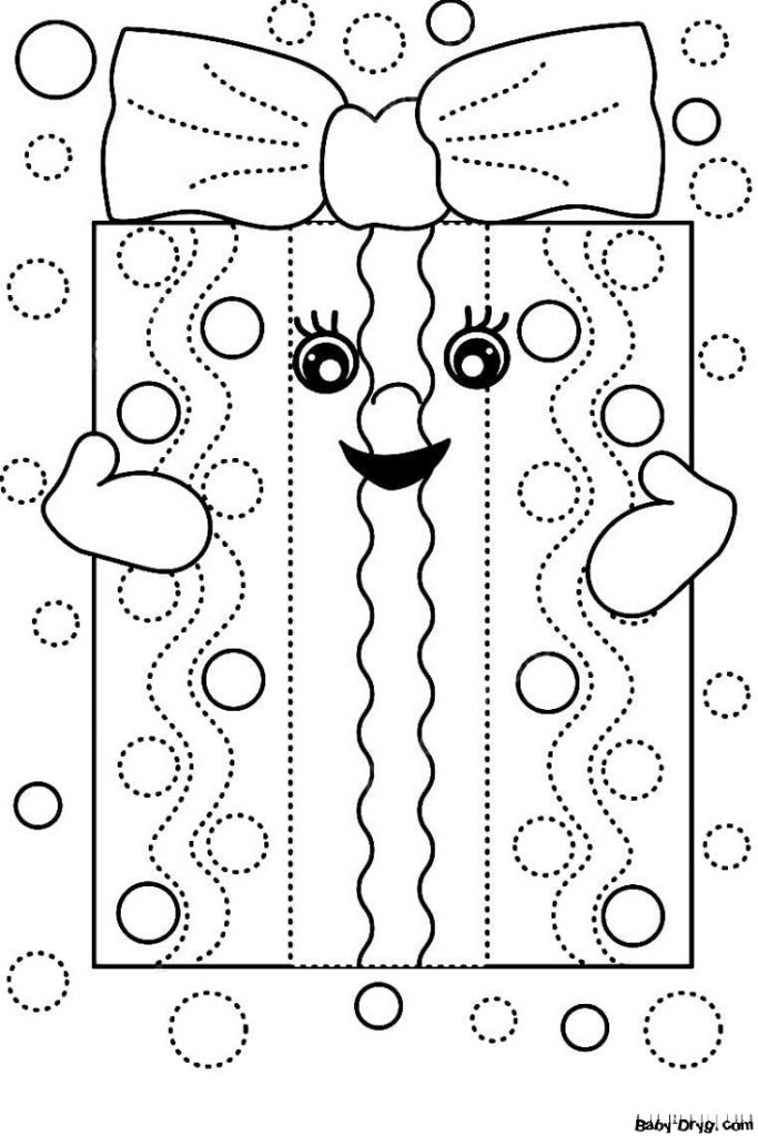 Раскраска Кавай подарок с глазами | Новогодние раскраски распечатать