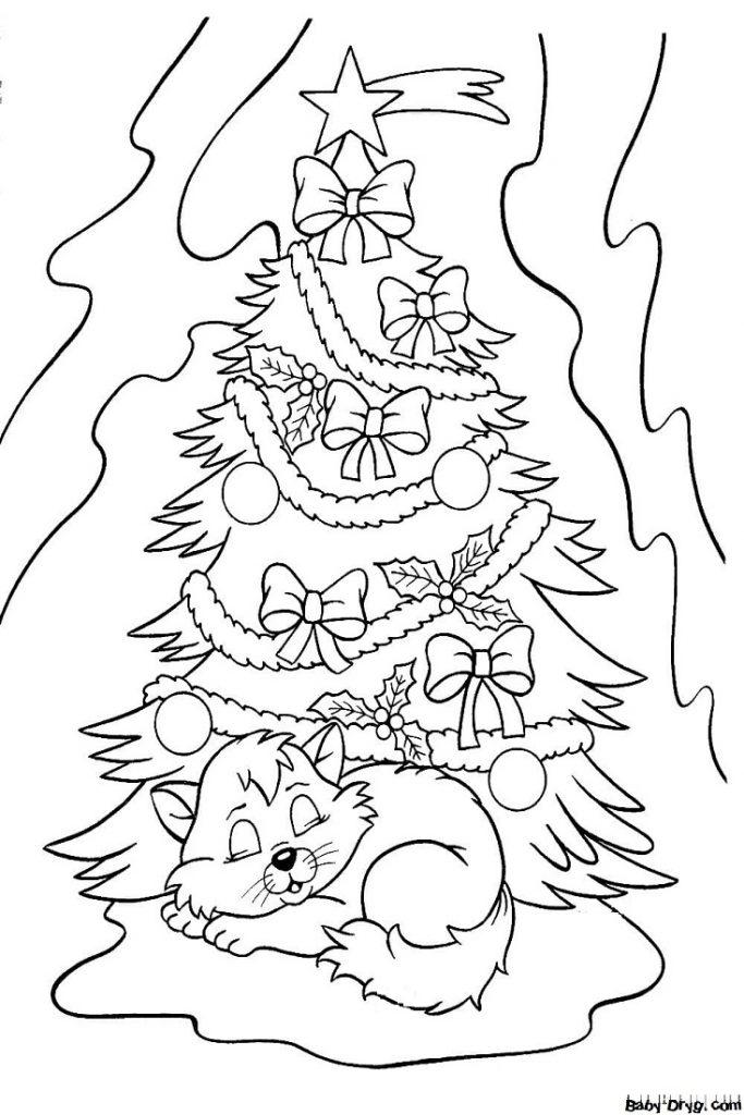 Раскраска Кот спит под новогодней елкой | Новогодние раскраски распечатать