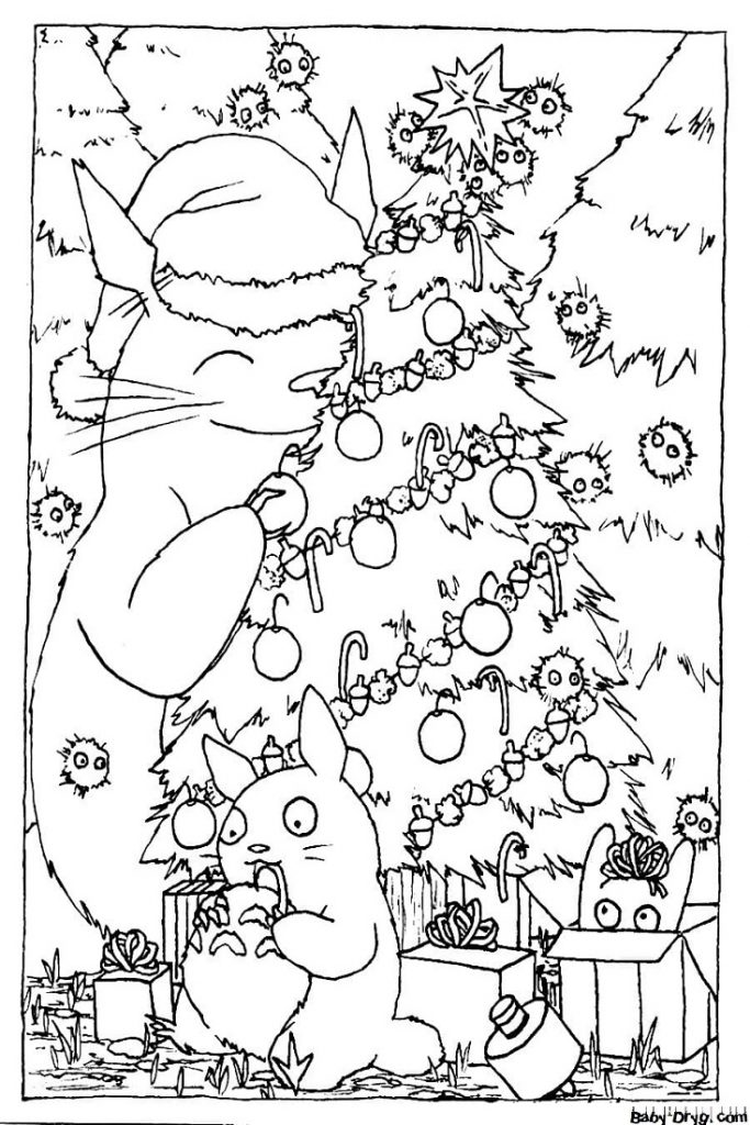 Раскраска Котята украшают елку | Новогодние раскраски распечатать