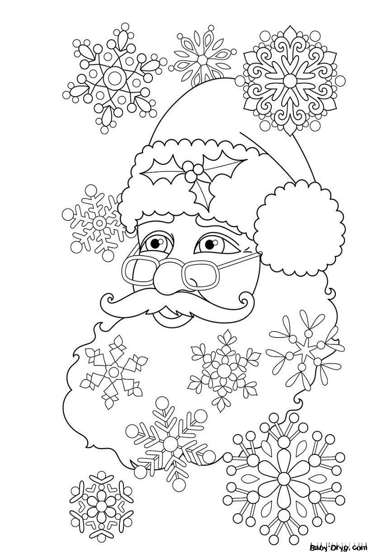 Раскраска Лицо Дед Мороза и снежинки | Новогодние раскраски распечатать