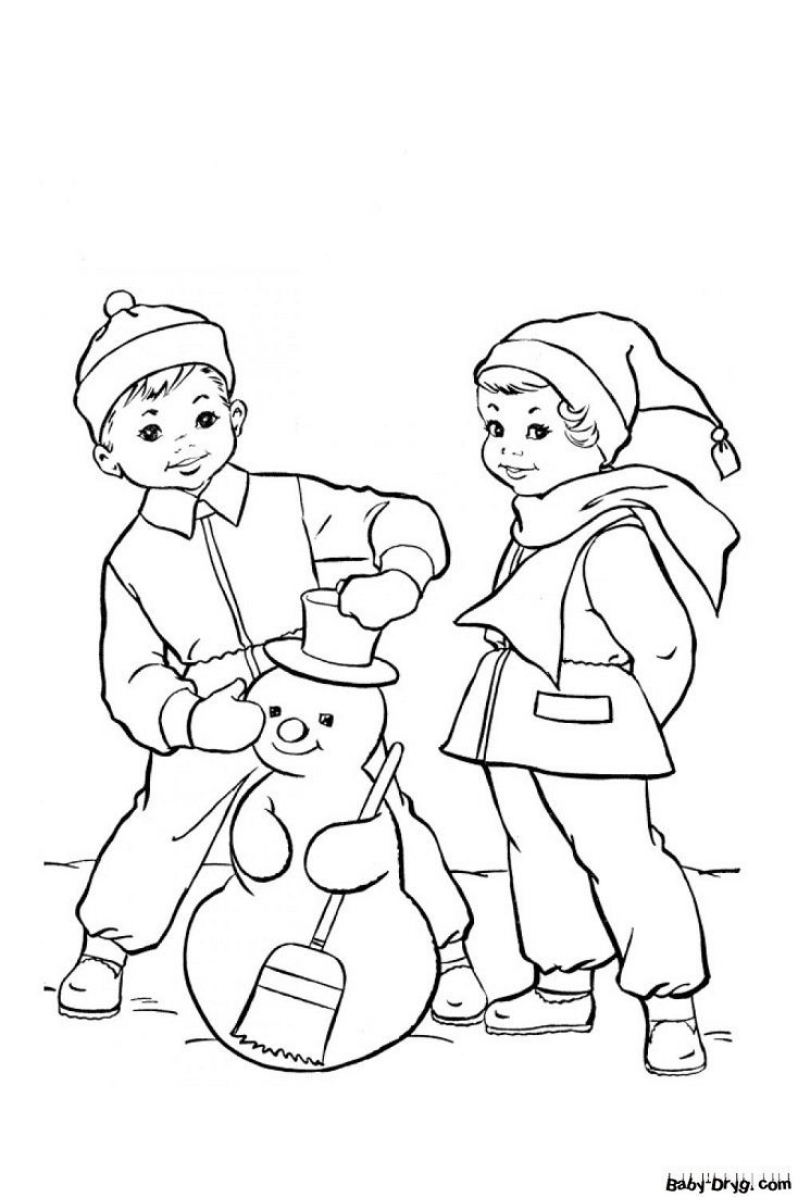 Раскраска Мальчик и девочка слепили Снеговика | Новогодние раскраски распечатать