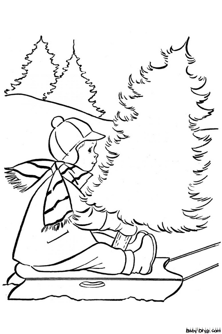 Раскраска Мальчик на санях возле елки | Новогодние раскраски распечатать