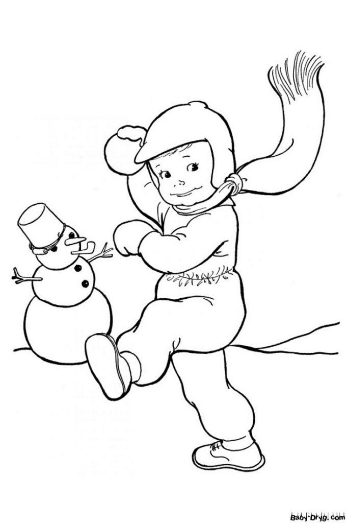 Раскраска Мальчик слепил Снеговика и играет в снежки | Новогодние раскраски распечатать