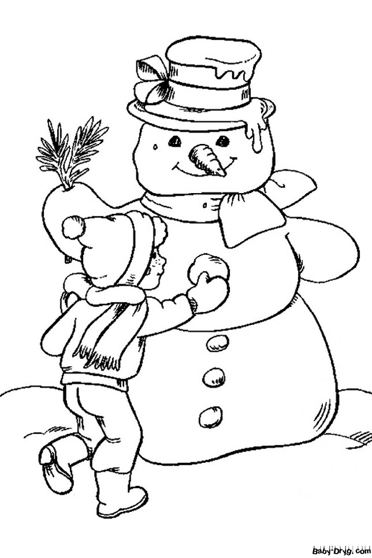Раскраска Мальчик украшает своего Снеговика | Новогодние раскраски распечатать