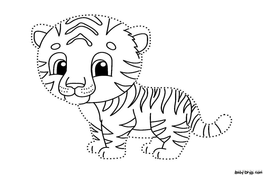 Раскраска Маленький тигр по точкам | Новогодние раскраски распечатать