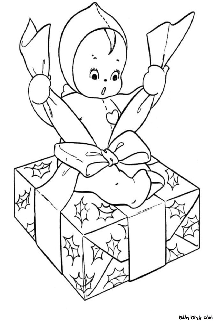 Раскраска Малыш распаковывает подарок | Новогодние раскраски распечатать