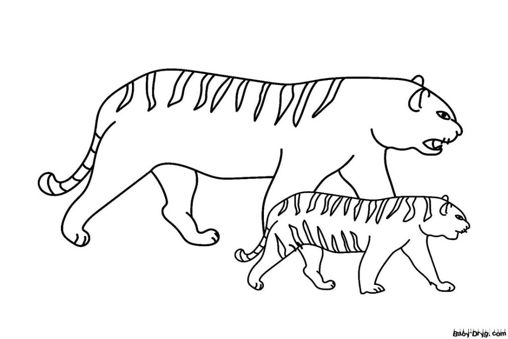 Раскраска Мама тигрица с детенышем | Новогодние раскраски распечатать