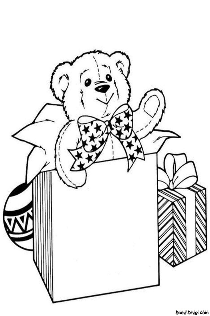 Раскраска Медведь и подарки | Новогодние раскраски распечатать