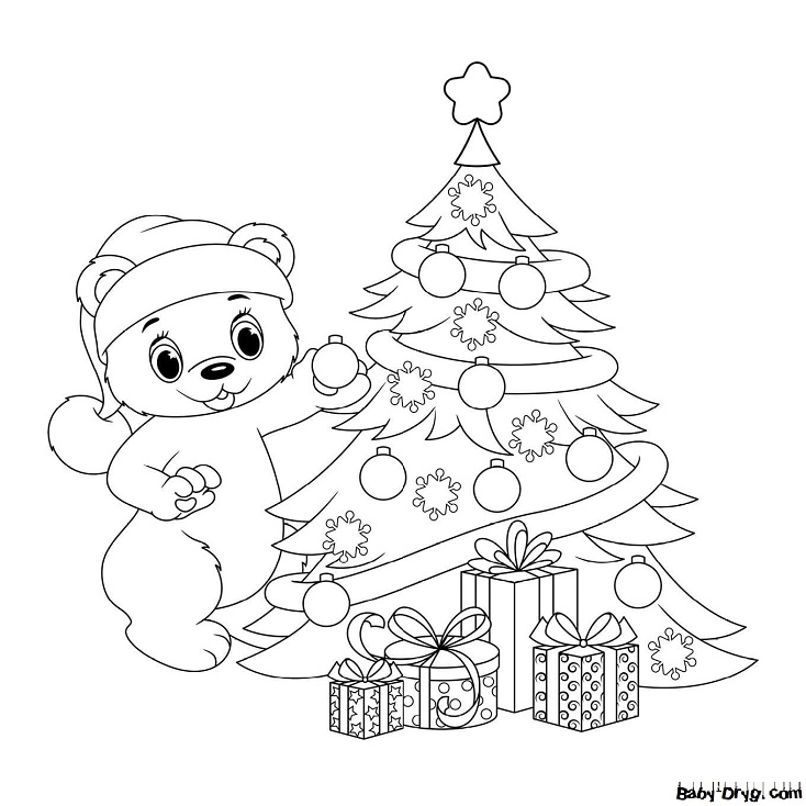 Раскраска Медведь наряжает елку | Новогодние раскраски распечатать