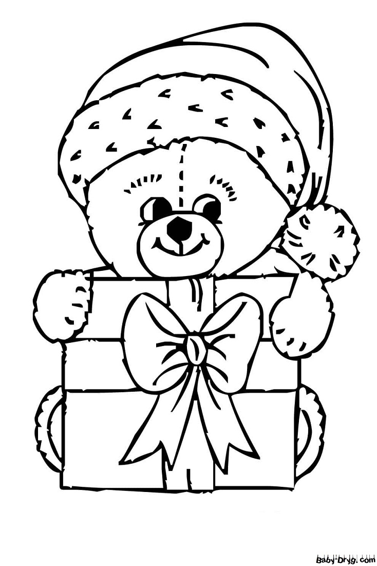 Раскраска Медведь с новогодним подарком | Новогодние раскраски распечатать