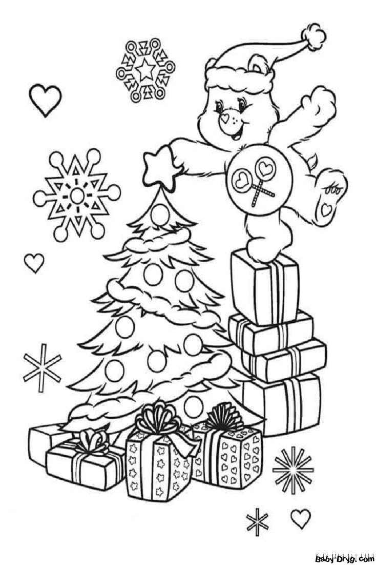 Раскраска Медведь украшает елку | Новогодние раскраски распечатать