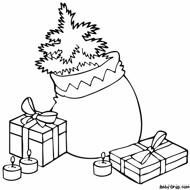 Раскраска Мешок с елкой, подарки свечи | Новогодние раскраски распечатать