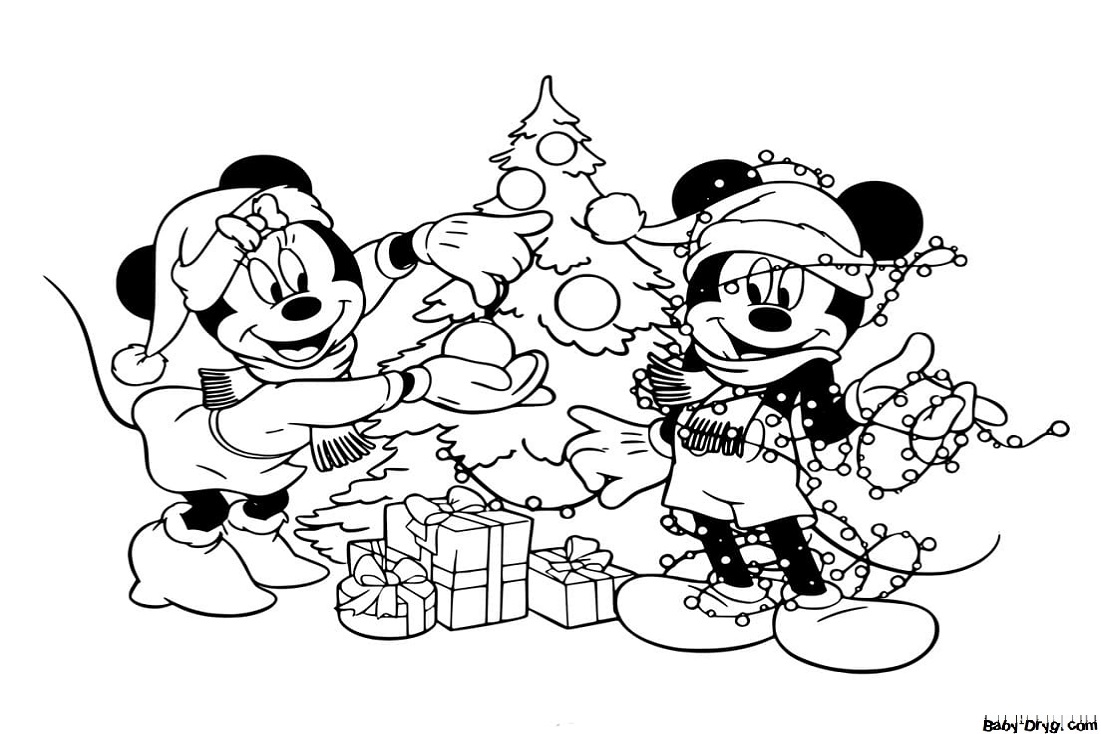 Раскраска Микки и Минни Маус возле новогодней елки | Новогодние раскраски распечатать