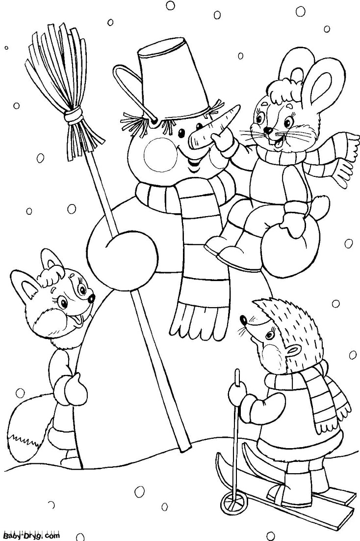 Раскраска Многие животные в лесу любят доброго снеговика | Новогодние раскраски распечатать