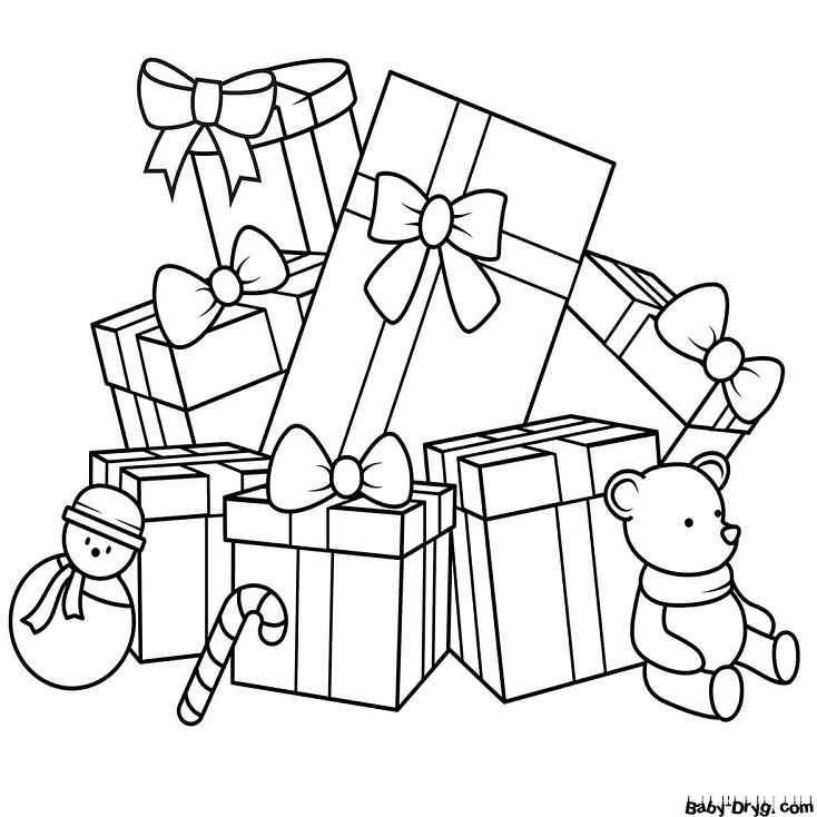 Раскраска Много подарков от Деда Мороза | Новогодние раскраски распечатать