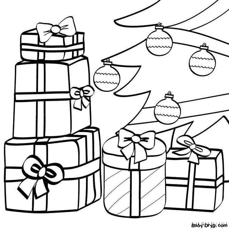 Раскраска Много подарков под елкой с шариками | Новогодние раскраски распечатать