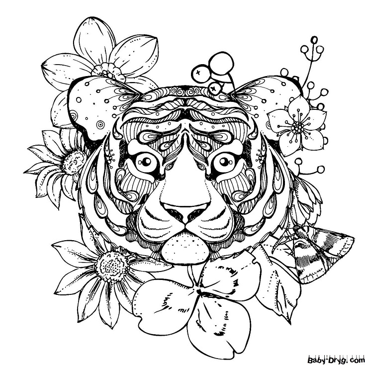 Раскраска Мордочка тигра и цветы для эскиза | Новогодние раскраски распечатать
