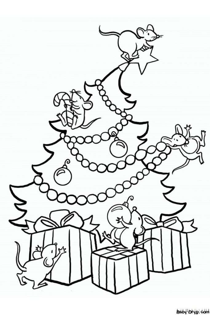 Раскраска Мышки украшают елку | Новогодние раскраски распечатать