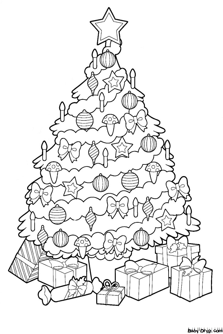 Раскраска Нарядная елка с подарками | Новогодние раскраски распечатать