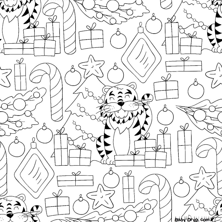 Раскраска Новогодний тигр и подарки | Новогодние раскраски распечатать