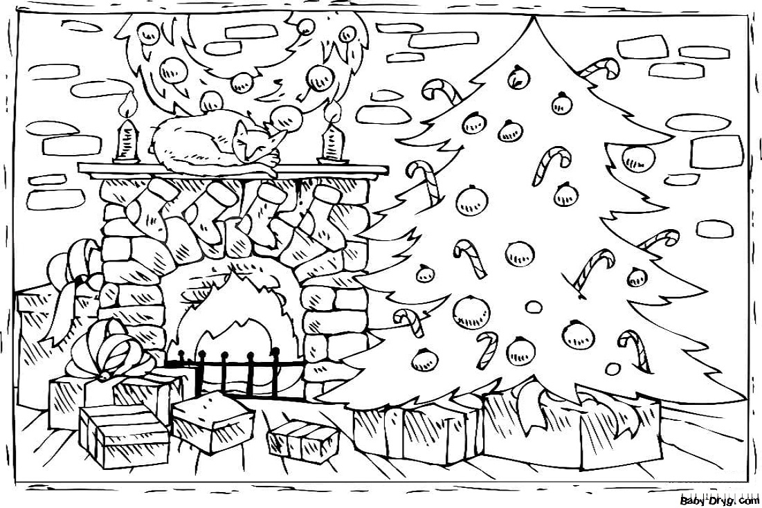 Раскраска Новогодняя елка рядом с камином | Новогодние раскраски распечатать