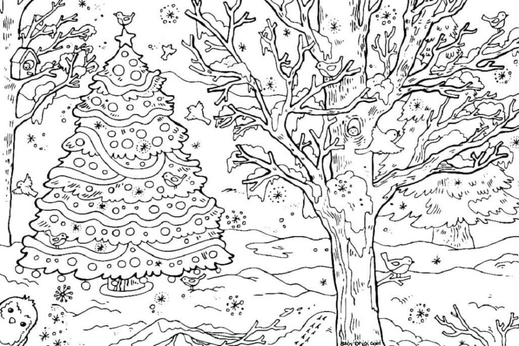 Раскраска Новогодняя елка в лесу | Новогодние раскраски распечатать