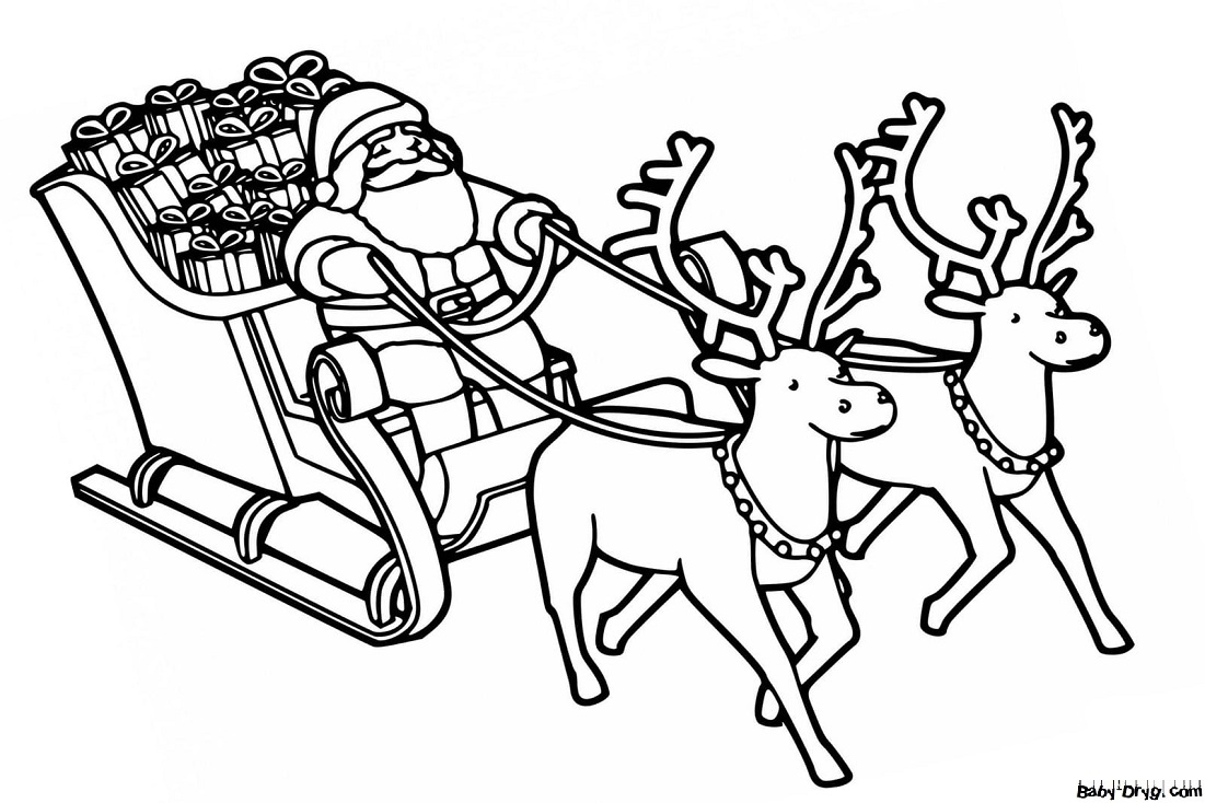 Раскраска Новогодняя упряжка Деда Мороза | Новогодние раскраски распечатать
