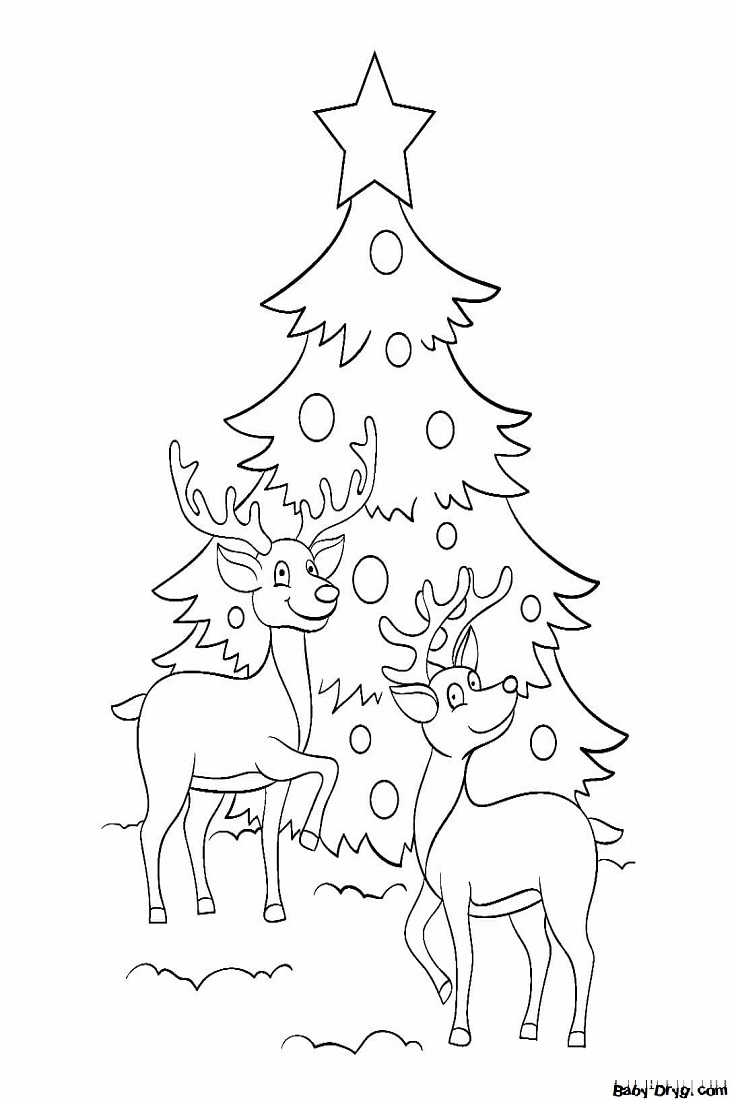 Раскраска Олени возле праздничной елки | Новогодние раскраски распечатать