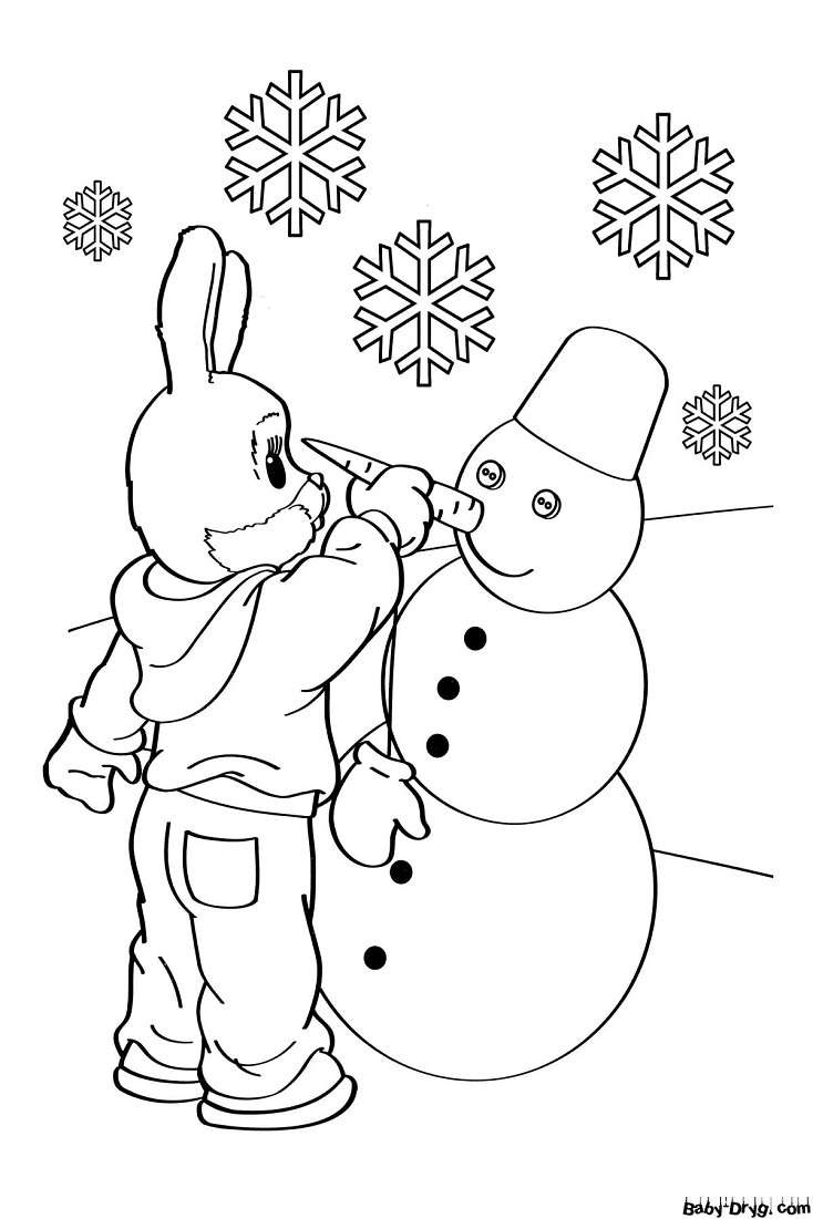 Раскраска Осталось воткнуть морковку, воткнуть руки и снеговик готов! | Новогодние раскраски распечатать