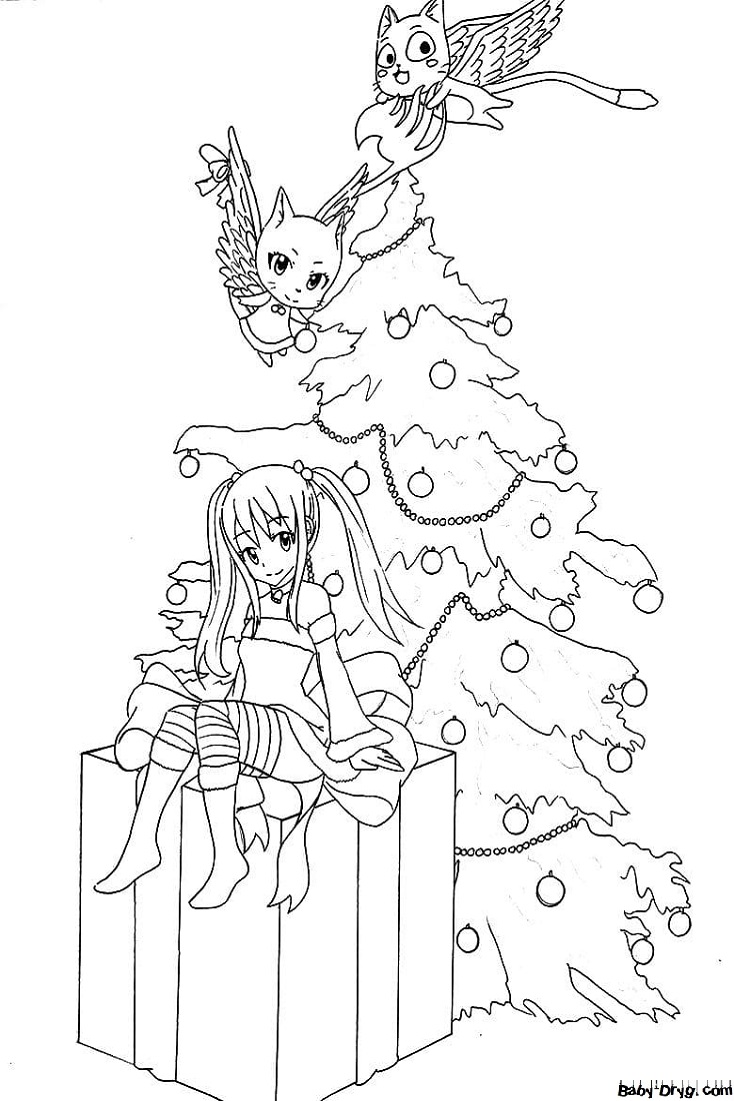 Раскраска Персонажи из аниме Хвост феи возле новогодней елки | Новогодние раскраски распечатать