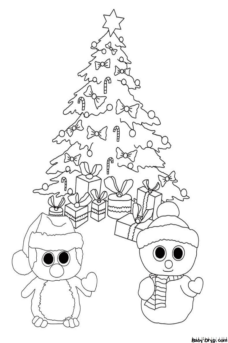 Раскраска Пингвин, снеговик и новогодняя елка | Новогодние раскраски распечатать