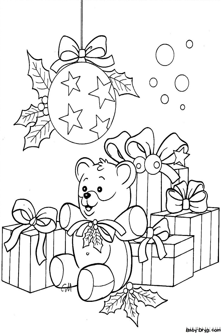 Раскраска Плюшевый медведь и подарки | Новогодние раскраски распечатать