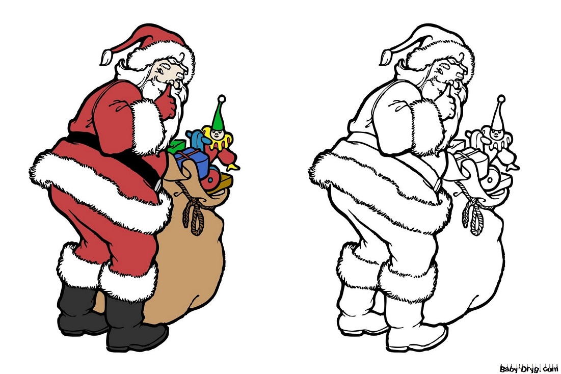 Раскраска по образцу Дед Мороз с мешком подарков | Новогодние раскраски распечатать