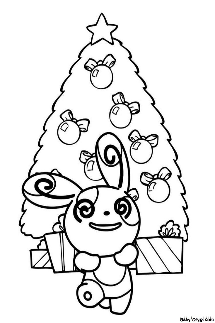 Раскраска Покемон возле новогодней елки | Новогодние раскраски распечатать