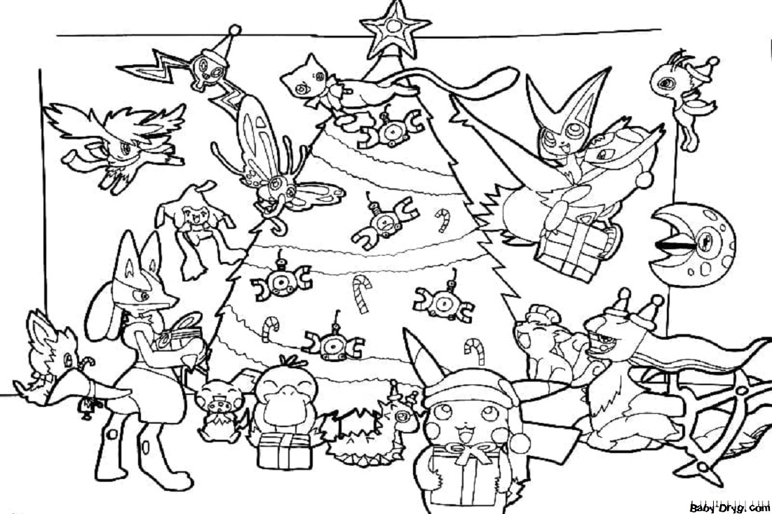 Раскраска Покемоны встречают Новый Год | Новогодние раскраски распечатать