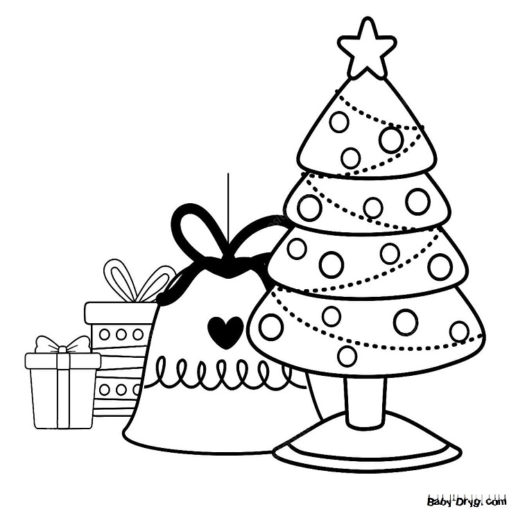 Раскраска Праздничная елка, колокол и подарки | Новогодние раскраски распечатать