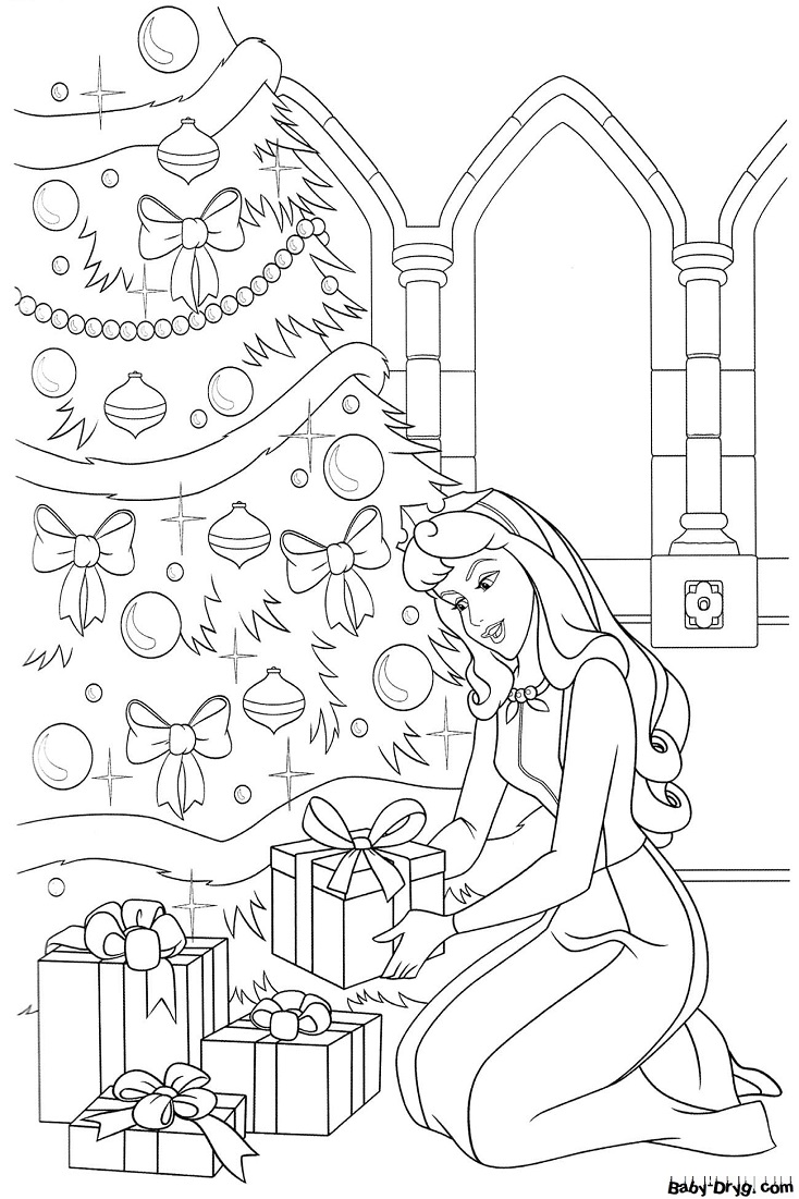 Раскраска Принцесса с подарками на Новый Год | Новогодние раскраски распечатать
