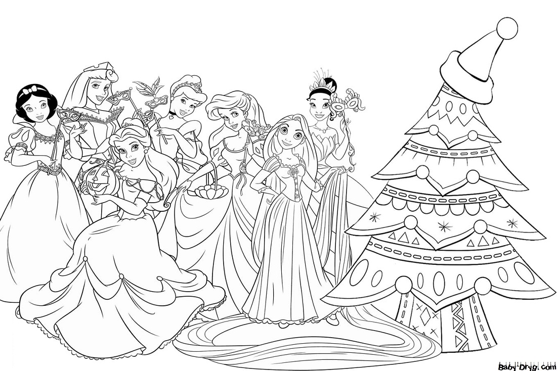 Раскраска Принцессы Дисней возле новогодней елки | Новогодние раскраски распечатать