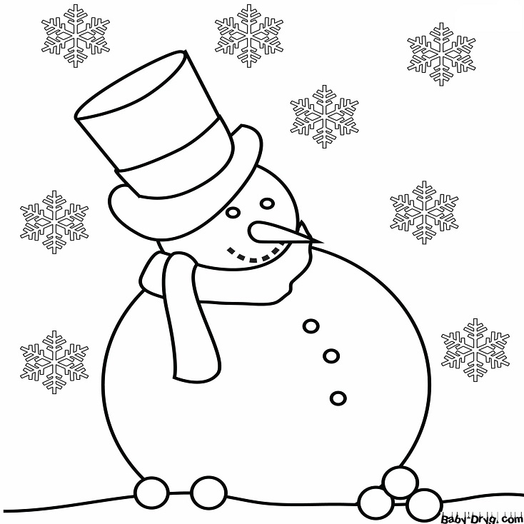 Раскраска Пухлый снеговик наслаждается снежинками | Новогодние раскраски распечатать