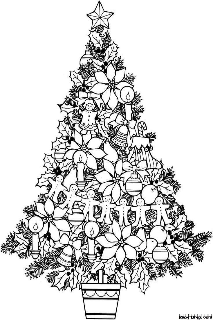 Раскраска Рождественская елка с ангелами и пряничными человечками | Новогодние раскраски распечатать