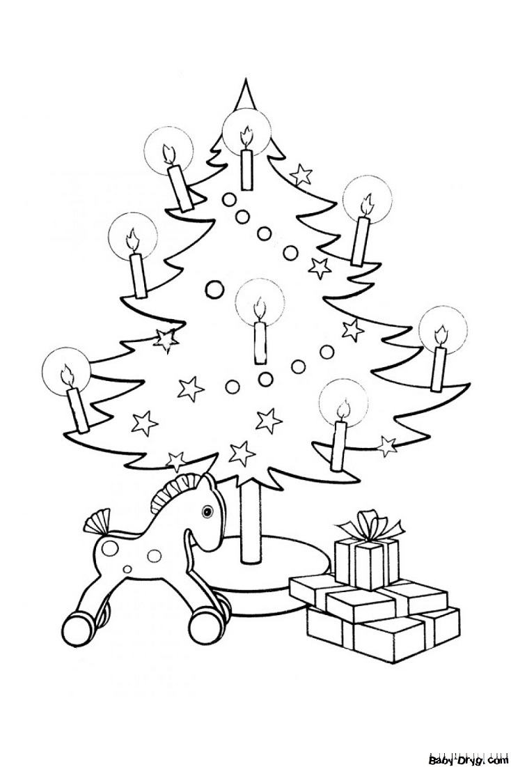 Раскраска Рождественская елка с игрушечной лошадкой | Новогодние раскраски распечатать